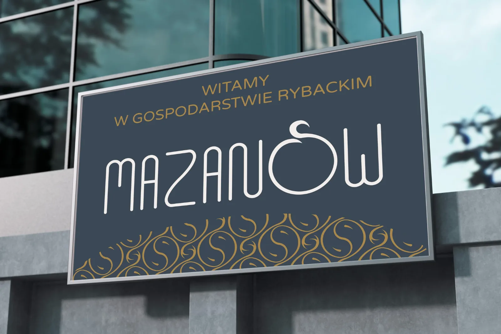 Baner powitalny Gospodarstwa Rybackiego Mazanów z logotypem i wzorem znaku
