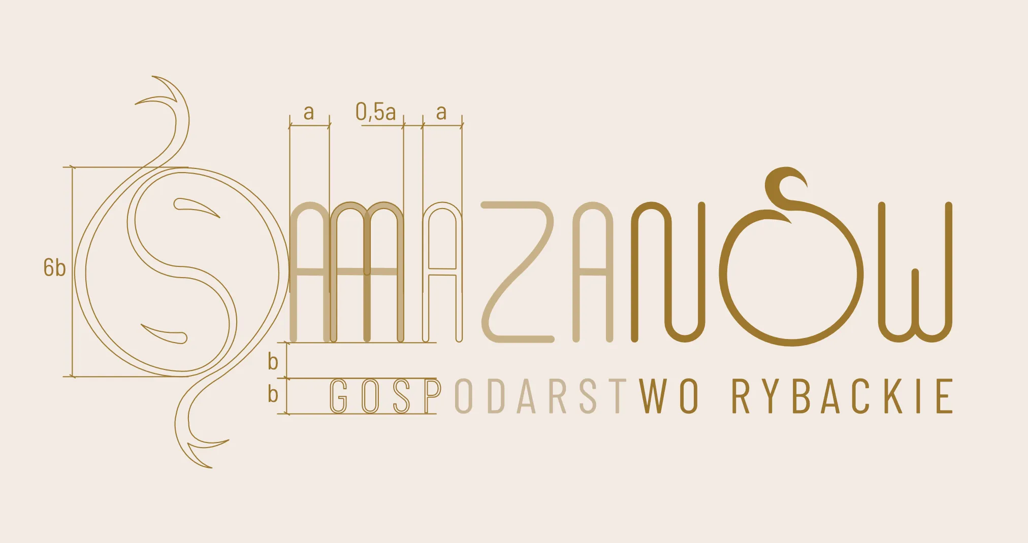 Diagram konstrukcji logotypu Mazanów na powtarzalnym module litery, z liniami pomocniczymi i wymiarami a, 0,5a oraz 6b