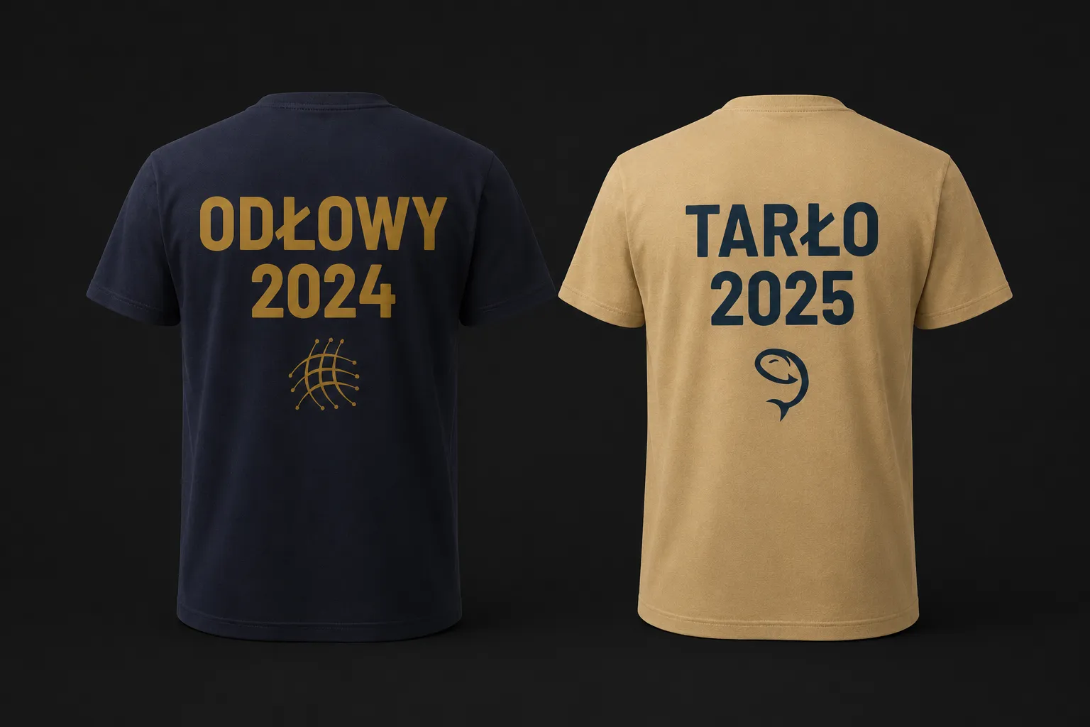 Dwie koszulki Mazanów – granatowa ODŁOWY 2024 i piaskowa TARŁO 2025 – ten sam system w dwóch sezonach