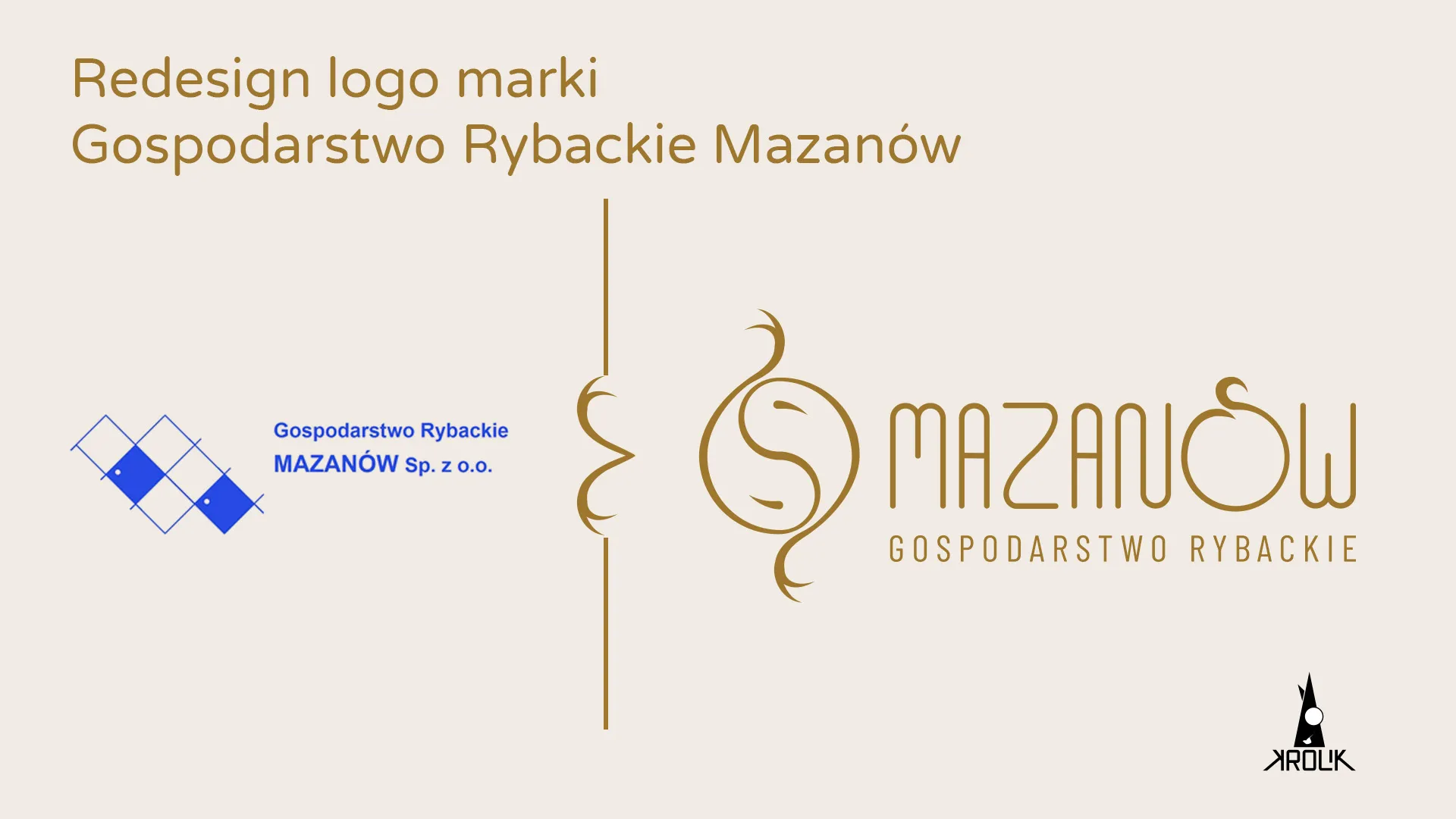 Porównanie starego i nowego logo Gospodarstwa Rybackiego Mazanów – po lewej dawny znak z niebieskimi rombami, po prawej nowy sygnet i logotyp