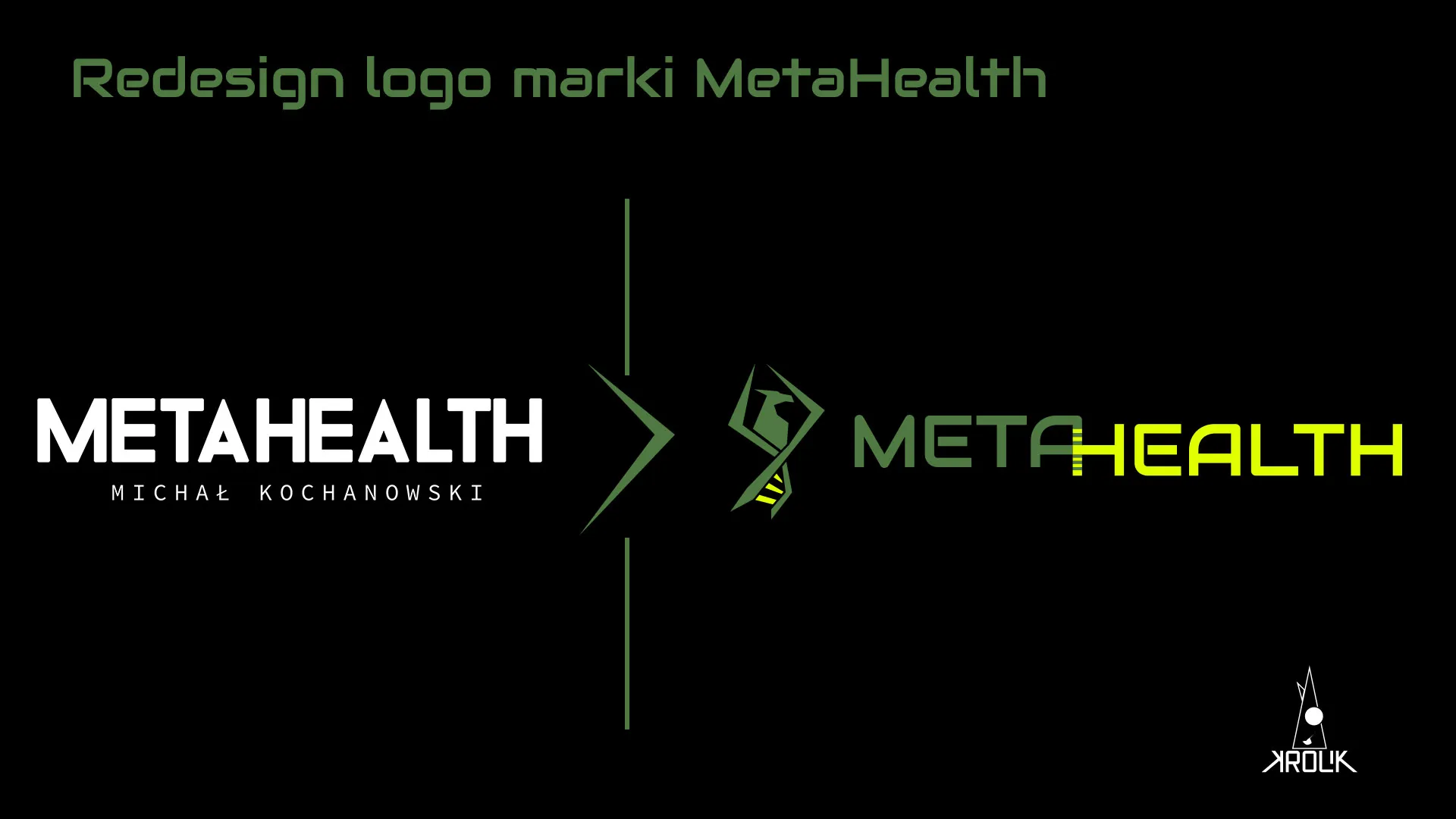 Redesign logo MetaHealth – stary logotyp METAHEALTH obok nowego sygnetu z feniksem i helisą DNA