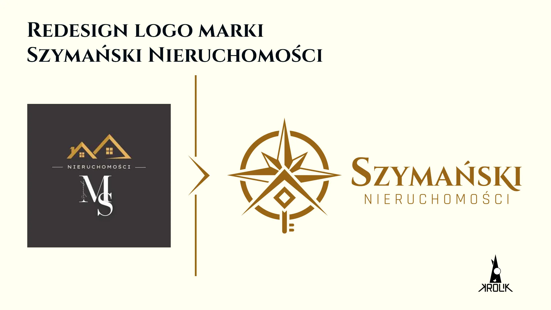 Redesign logo Szymański Nieruchomości: po lewej stary znak z dwoma domkami i monogramem MS, po prawej nowy sygnet z różą wiatrów, kluczem i logotypem